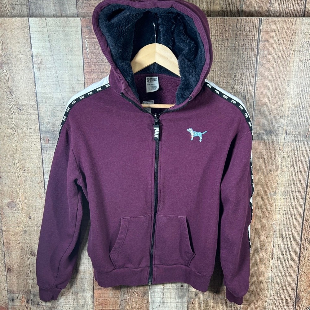 PINK Victoria's Secret Burgundy Hoodie Jacket Sequin Dog Logo Full Zip XS